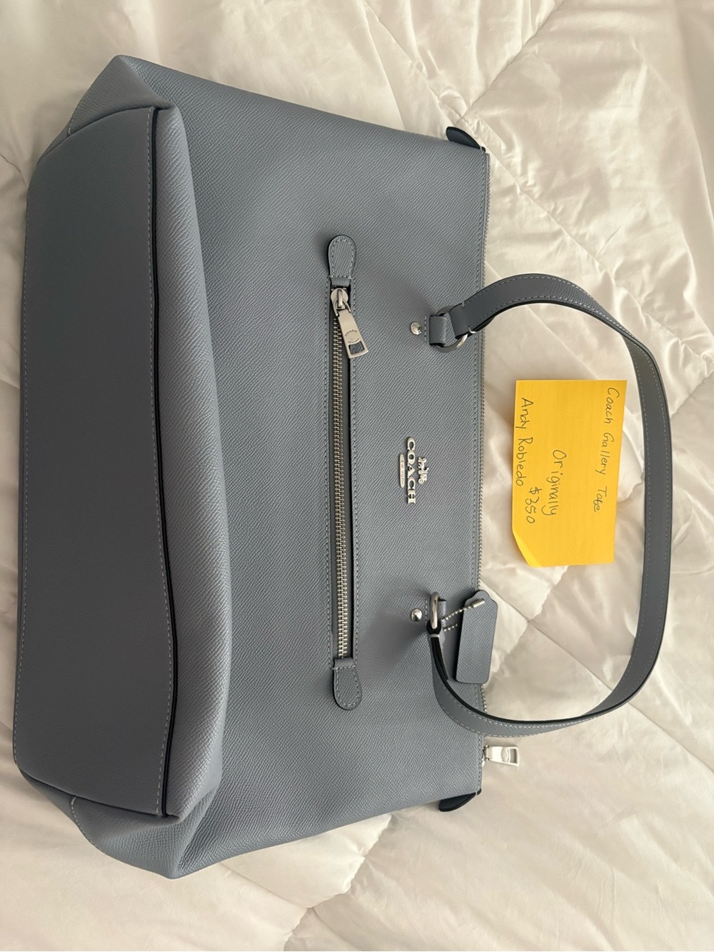 Coach Pebbled Leather Tote in Dusty Blue-Gray